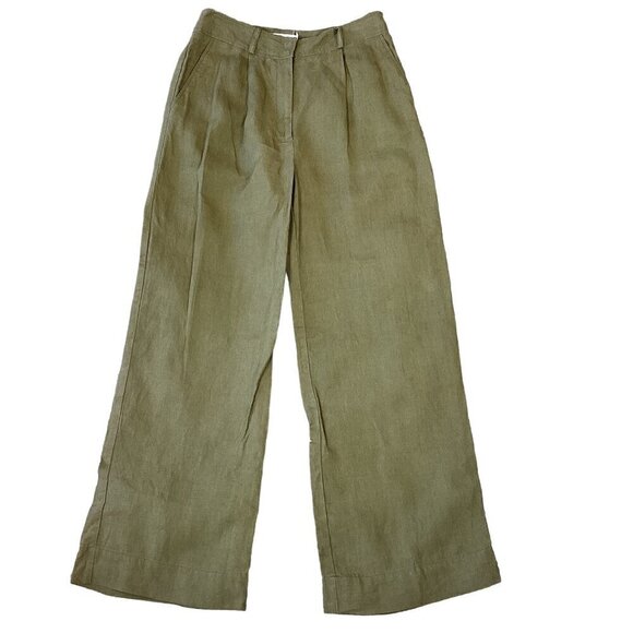 Monoprix Pants - Monoprix Premium Sz 36 Woven Olive Green Cropped Pleated Trouser Pant 298H